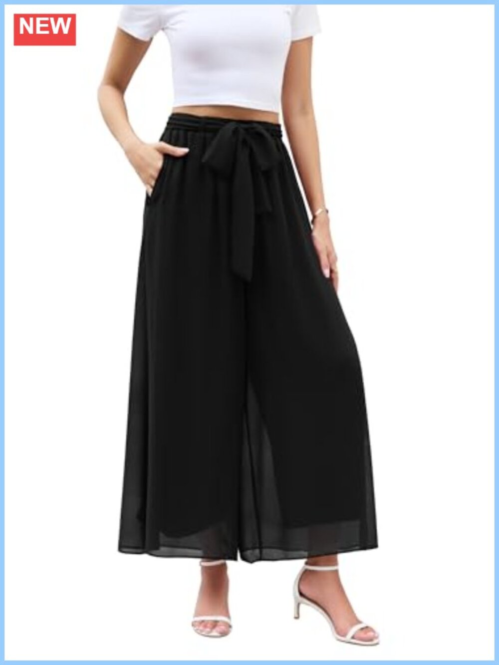Wide Leg Chiffon Palazzo Pants, Elastic High Waist Dress Pants for Women, Flowy